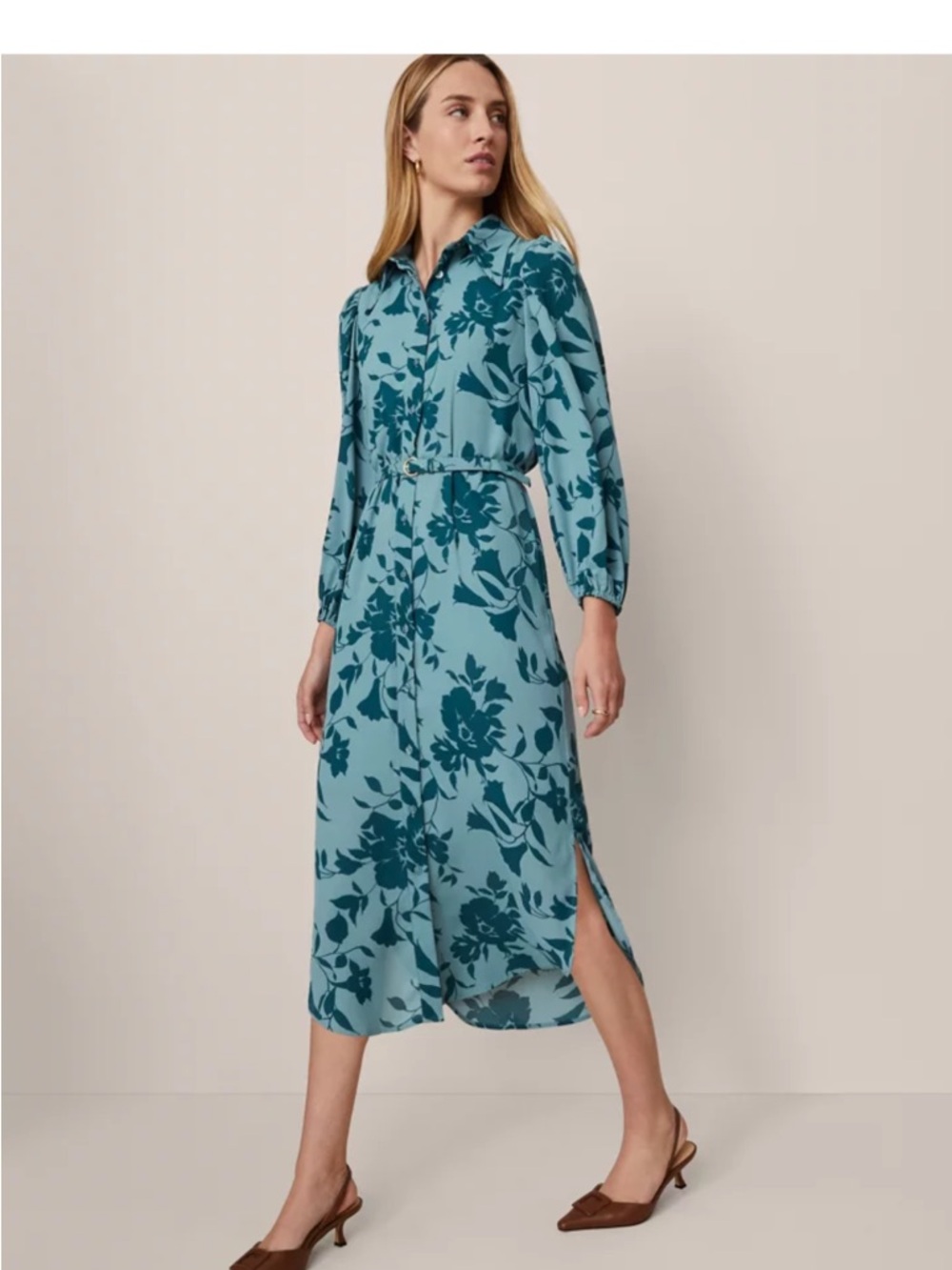 NWT Ann Taylor Teal Blue Floral Midi Shirt Dress with belt